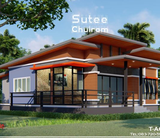 แบบบ้านชั้นเดียวสไตล์โมเดิร์น พื้นที่ใช้สอย 113 ตร.ม. พร้อมระเบียงหน้าบ้าน