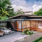 แบบบ้านสไตล์โมเดิร์นขนาดชั้นเดียว ตัวบ้านออกแบบด้วรูปทรงตัวแอล มีระเบียงหน้าบ้าน