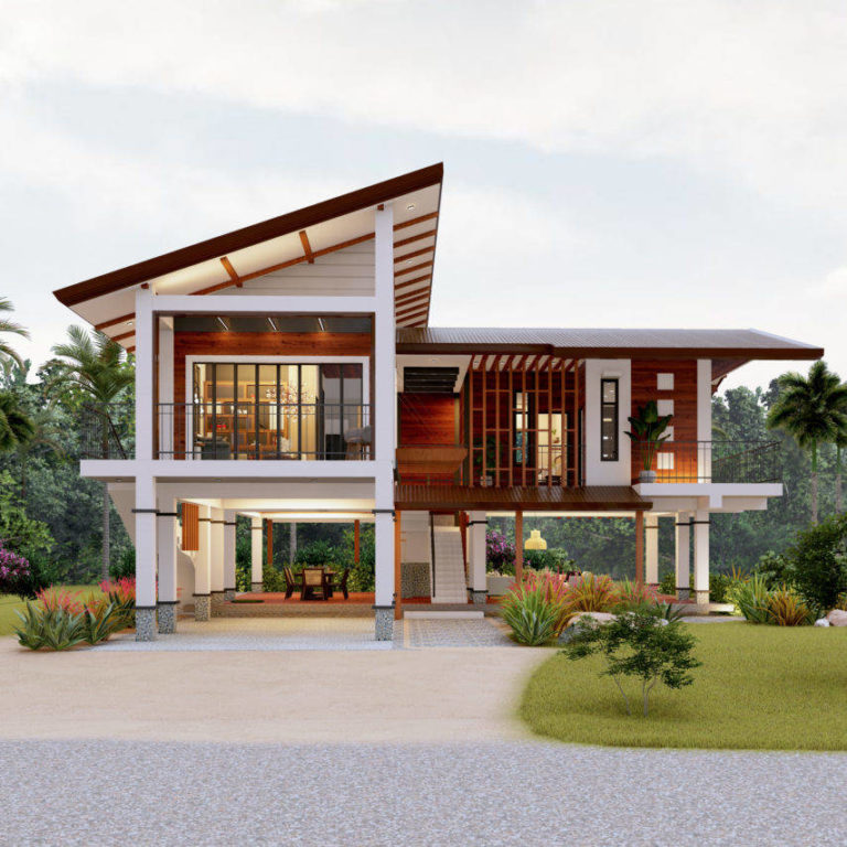 ไอเดียบ้านสวนสองชั้นใต้ถุนสูง หลังคาผสมผสานโมเดิร์นและทรงจั่ว | ดู ...
